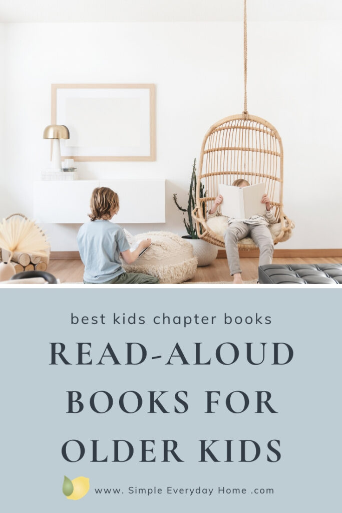 Two young boys reading in a living room with the words "best kids chapter books, read-aloud books for older kids"