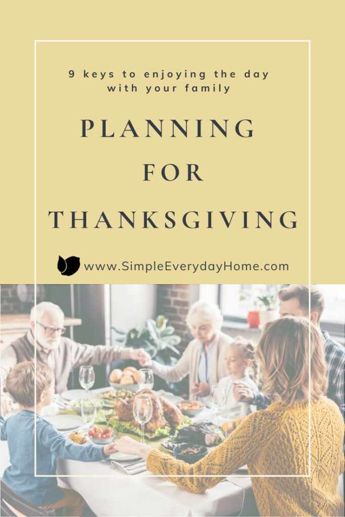 A family holding hands and praying over Thanksgiving dinner with the words "Planning for Thanksgiving dinner"
