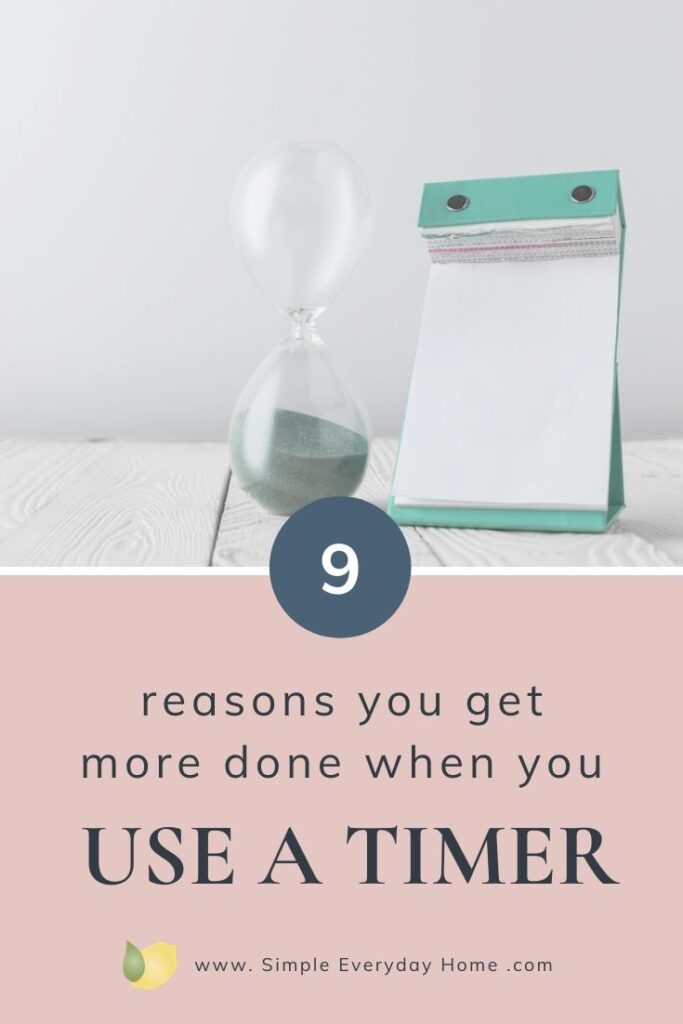 A green sand timer beside a notebook and the words "9 Reasons you get more done when you use a timer"