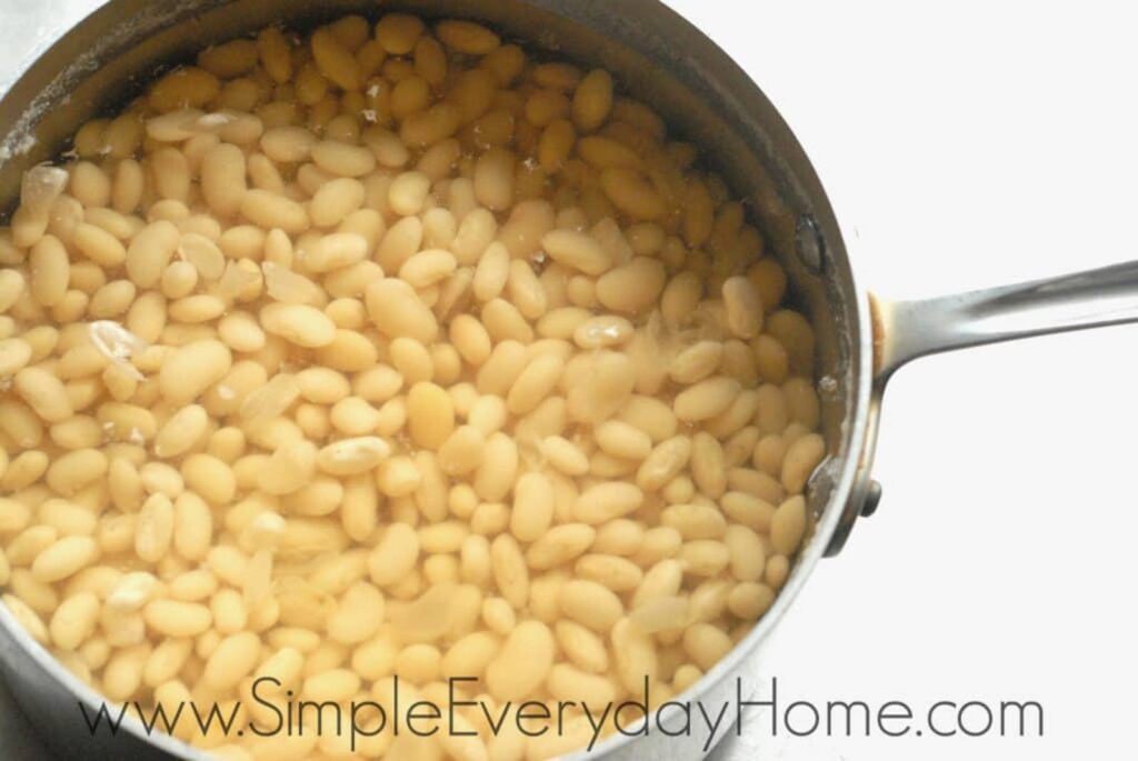 Beans covered with water in pan